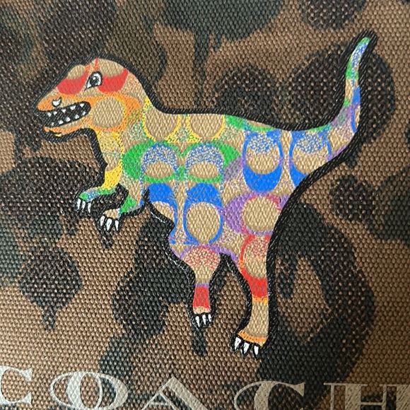 NWT Rare Coach Camo Rainbow Rexy Dinosaur Leather Tote Purse Canvas Case bag FOB - Picture 6 of 11